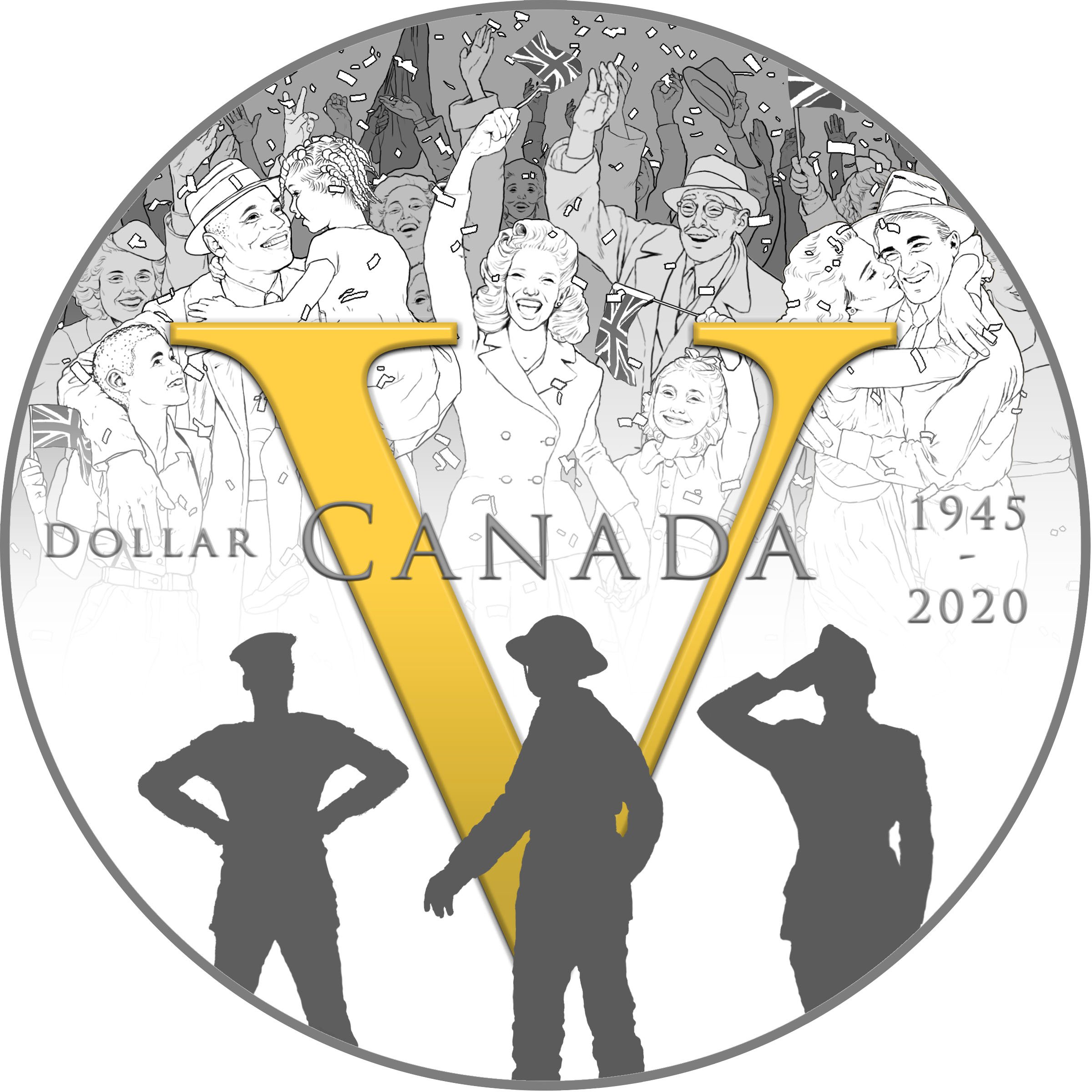 image Young’s 2020 Fine Silver Proof Dollar design foregrounds three silhouettes representing the branches of the Canadian military—Navy, Army and Air Force—recognizing their vital role in making victory possible. Behind them is a crowd, those who kept the country going and poured themselves into the war effort on the home front, who loved and lost and were jubilant that the war was over.