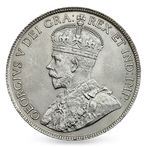 George V (1911-1936) George V was the grandfather of Her Majesty Queen Elizabeth II and appeared with the Latin inscription GEORGIVS V DEI GRA:REX ET IND:IMP, which means "George V, by the grace of God, the King and Emperor of India." For part of 1911, coins did not include the DEI GRA part of the inscription and became known as the "Godless" coins.