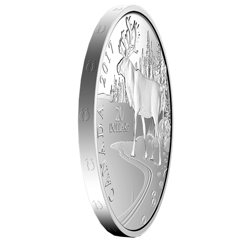 Pièce de 1 oz en argent pur - Empreintes gravées sur la tranche : Caribou  des bois - Tirage : 7 500 (2017)
