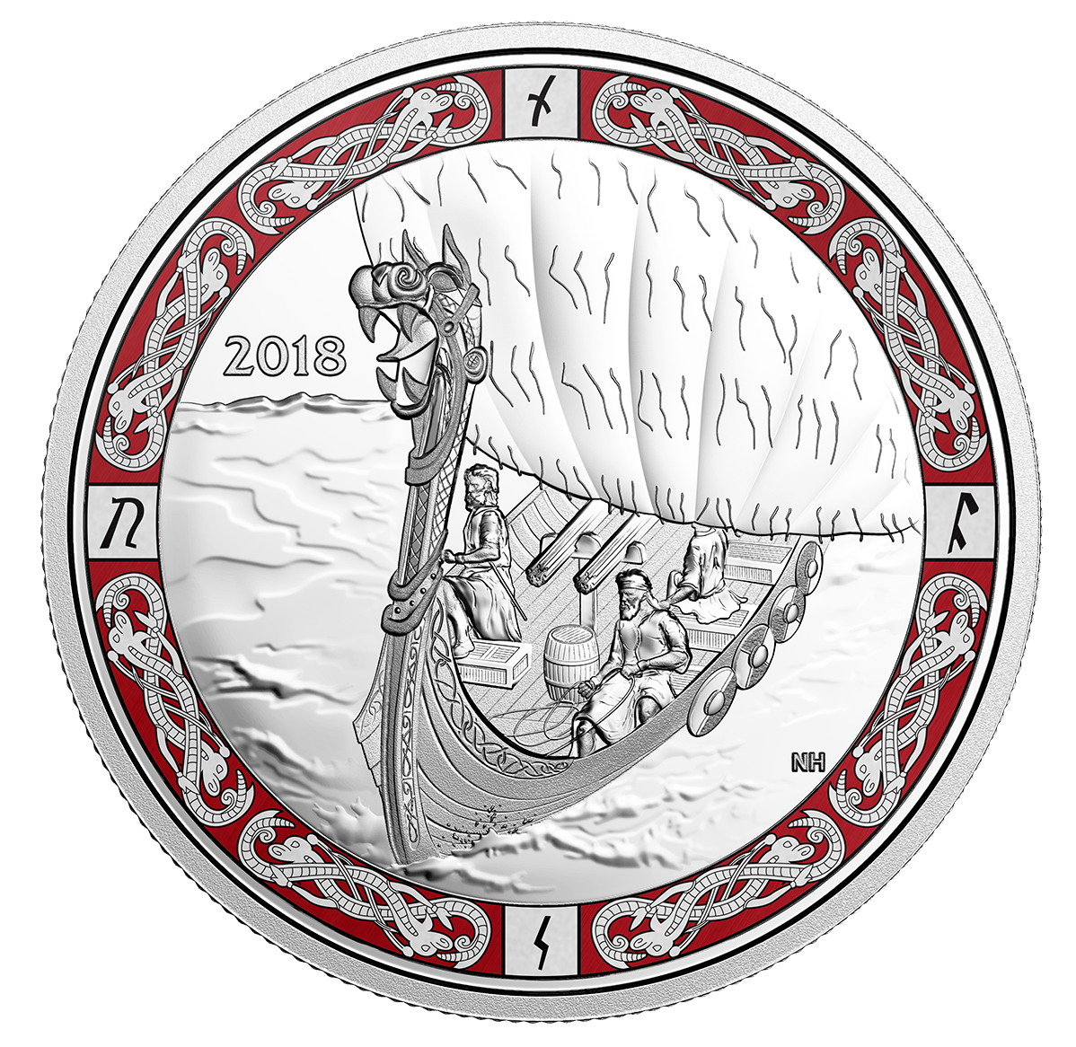 1 oz. Pure Silver Coloured Coin Viking Ships Viking Voyage Mintage